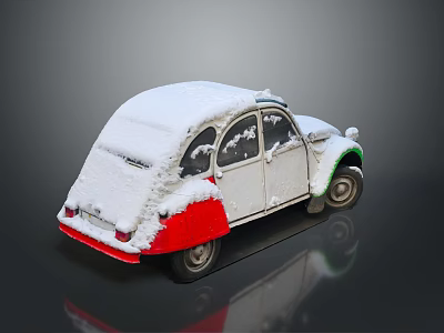 Snow Covered Vintage Classic Car With White Body Red Bumper And Green Wheels 3d model