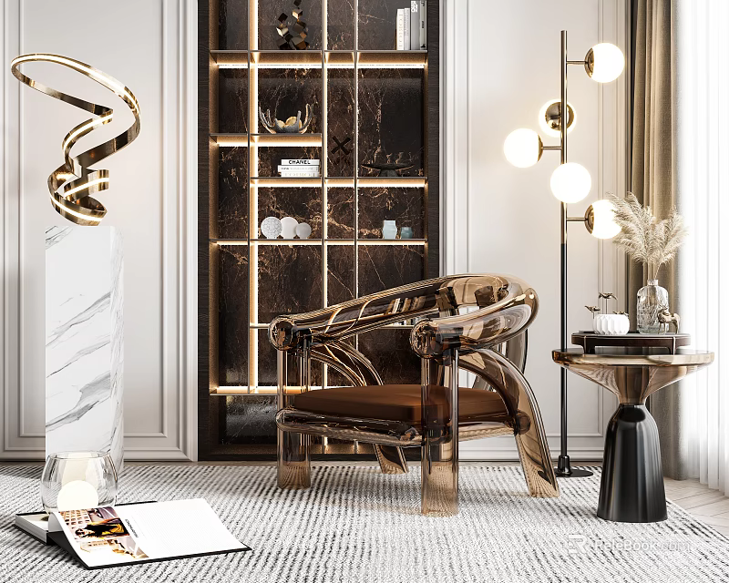 Luxurious Modern Accent Chair With Gold Metal Frame Brown Cushion Floor Lamp And Marble Decor 3d model 
