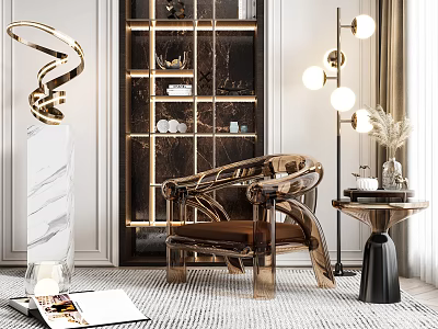 Luxurious Modern Accent Chair With Gold Metal Frame Brown Cushion Floor Lamp And Marble Decor 3d model