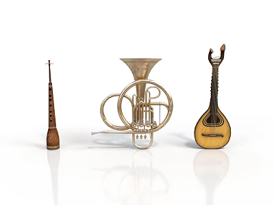 Vintage Decorative Musical Instruments Including Horn Lute And Wooden String For Home Decor 3d model
