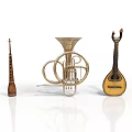 Vintage Decorative Musical Instruments Including Horn Lute And Wooden String For Home Decor