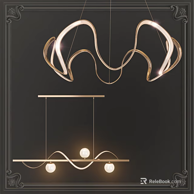 Modern Golden Chandeliers With Curved Wave Design Spherical Bulbs And Dark Wall Background 3d model 