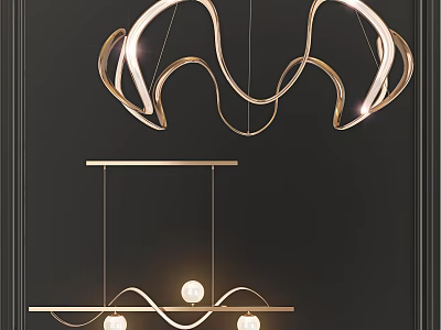 Modern Golden Chandeliers With Curved Wave Design Spherical Bulbs And Dark Wall Background 3d model