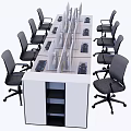 Modern Office Workspace With Multiple Desks Ergonomic Chairs Dividers And Keyboards