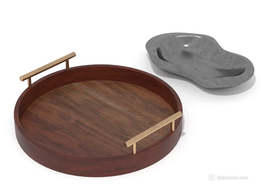Wooden Round Tray With Gold Handles And Gray Irregular Decorative Home Trays 3d model 