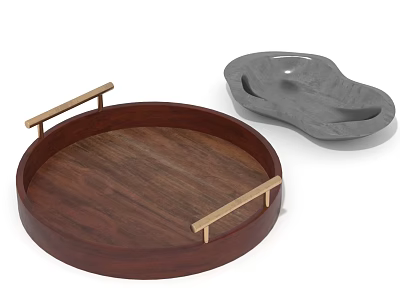 Wooden Round Tray With Gold Handles And Gray Irregular Decorative Home Trays 3d model