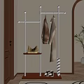 Modern Metal Coat Rack With Hanging Coats Wooden Shelf And Yellow Handbag