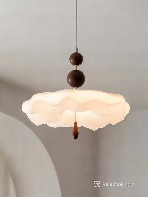Modern White Wavy Lampshade Pendant Light With Dark Wooden Balls And Wooden Pendant 3d model 