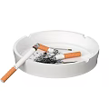 Round White Ashtray With Cigarette Butts And Ash On White Background
