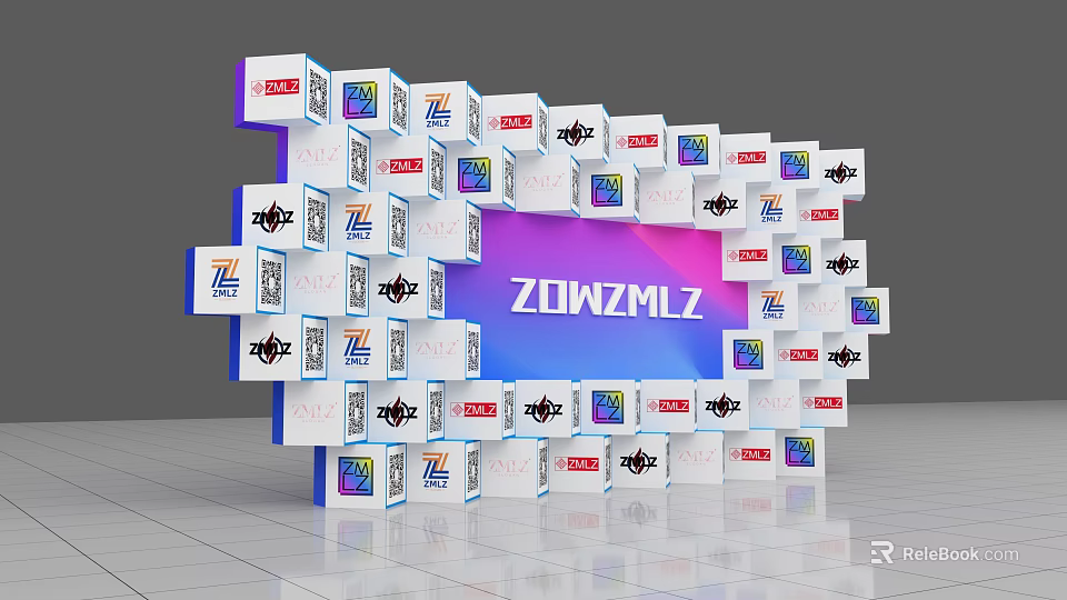 ZOWZMLZ Photo Spot With White Cubes Colorful Logos Surrounding Purple Blue Gradient Background 3d model 