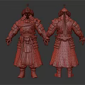 Ancient Warrior Character 3D Model With Traditional Armor Helmet And Robe Details Front Back View
