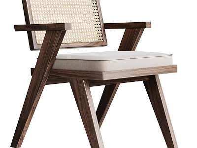 Modern Minimalist Dining Chair With Walnut Wood Frame Rattan Backrest And Beige Upholstered Seat 3d model