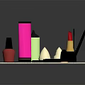 Various Beauty Cosmetics and Tools on Display Tray with Lipstick Mirror Brush and Comb