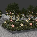 Illuminated Commercial Landscape with Decorative Light Rings Trees Steps and Flowers