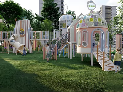 Kids Playground With Pink And White Dome Structures Slides Climbing Nets Green Grass And Trees 3d model