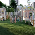 Kids Playground With Pink And White Dome Structures Slides Climbing Nets Green Grass And Trees