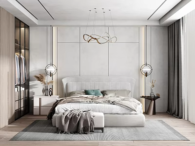 Modern Bedroom Interior With Upholstered Headboard Bed Designer Pendant Lights Nightstands And Area Rug 3d model