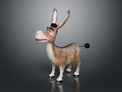 Cartoon Donkey With Large Ears Friendly Expression Brown And White Standing On Reflective Black Background 3d model