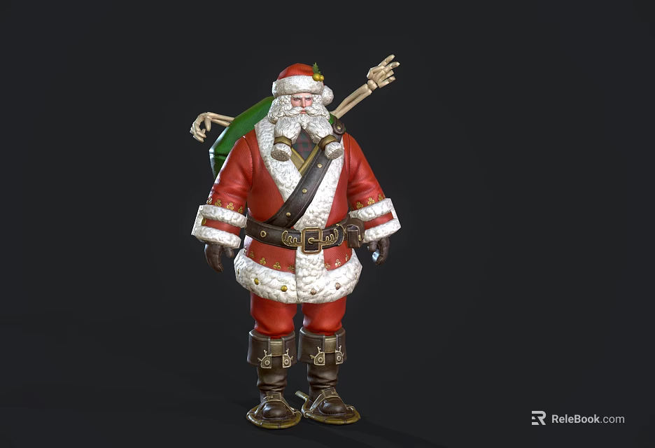 Festive Game Character in Red Santa Claus Costume with Green Gift Bag and Staff 3d model