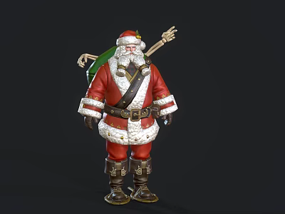 Festive Game Character in Red Santa Claus Costume with Green Gift Bag and Staff 3d model