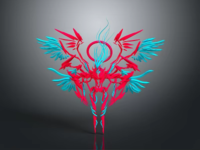 Abstract Red And Blue Art Decoration With Wings And Circular Ring Design 3d model