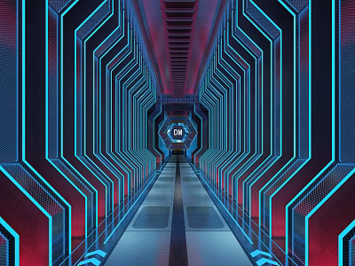 Futuristic Elevator Corridor With Neon Blue Red Lights And Symmetric Geometric Design 3d model