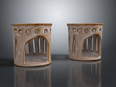 Two Decorative Ceramic Candle Lamps With Beige Hollow Out Design 3d model