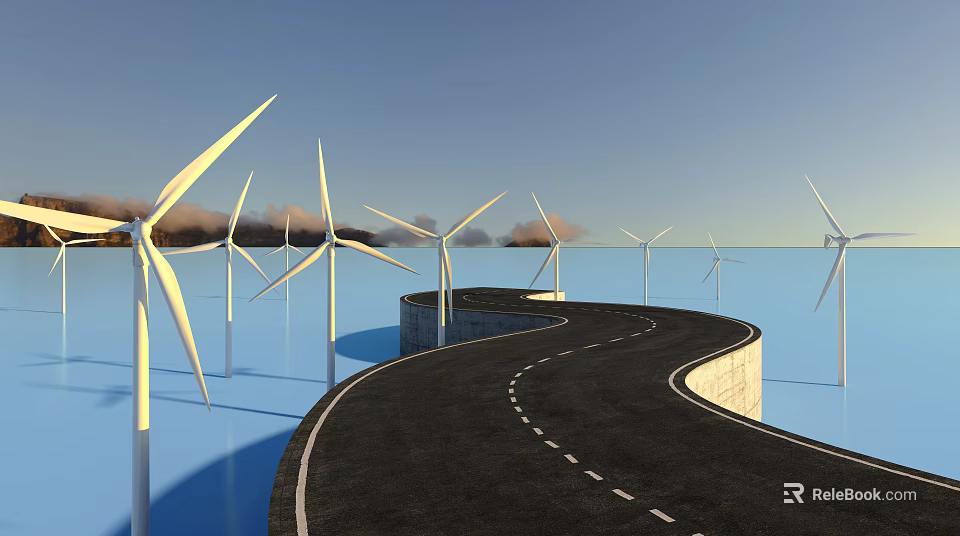 Cartoon Scene With Wind Turbines Curved Road And Water Under Clear Sky 3d model 