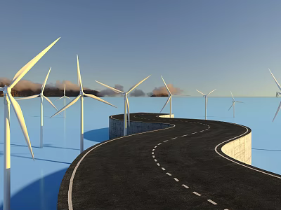 Cartoon Scene With Wind Turbines Curved Road And Water Under Clear Sky 3d model