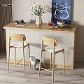Wooden Bar Counter With Flower Vase Decorative Painting Two Stools And Kitten