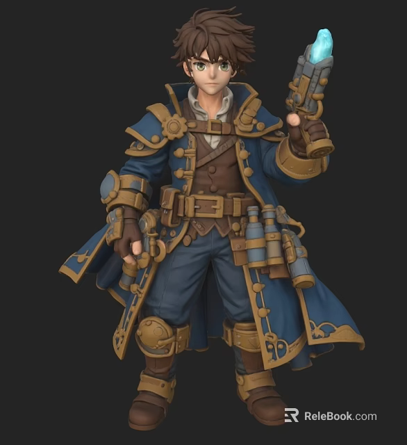 Man Wearing Blue Steampunk Coat With Gold Trim Brown Belt Holding Gun And Leather Boots 3d model 