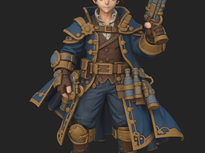 Man Wearing Blue Steampunk Coat With Gold Trim Brown Belt Holding Gun And Leather Boots 3d model