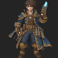 Man Wearing Blue Steampunk Coat With Gold Trim Brown Belt Holding Gun And Leather Boots