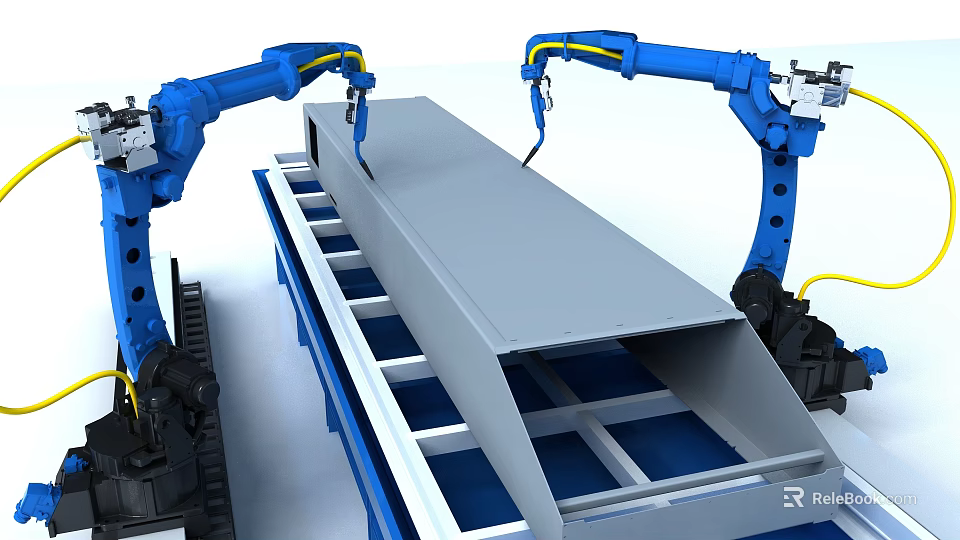 Precision Industrial Robotic Arms Handling Metal Sheets on Factory Production Line 3d model 