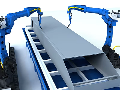 Precision Industrial Robotic Arms Handling Metal Sheets on Factory Production Line 3d model
