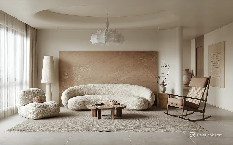 Neutral Living Room Interior With Curved Sofa Rocking Chair And Beige Wall Art 3d model 