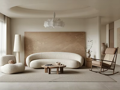 Neutral Living Room Interior With Curved Sofa Rocking Chair And Beige Wall Art 3d model