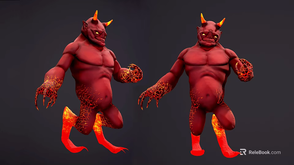 Red Demon Creature With Horns Flame Textures Muscular Body And Fiery Hands Feet 3d model