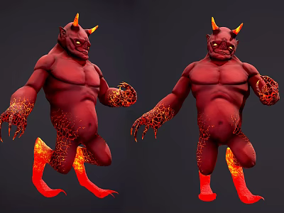 Red Demon Creature With Horns Flame Textures Muscular Body And Fiery Hands Feet 3d model