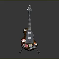 Stylish Guitar With Colorful Stickers On Brown Body And Black Stand
