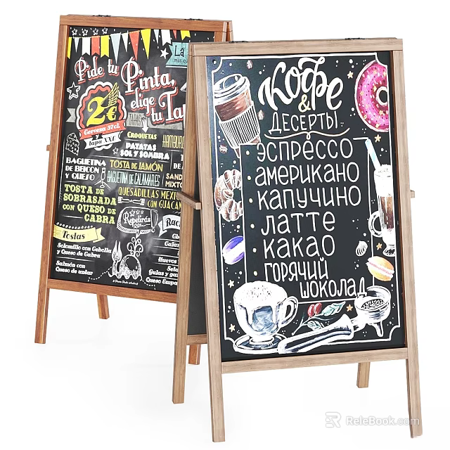 Decorative Chalkboard Sign Set With Hand Drawn Coffee Donut Art For Cafe 3d model 