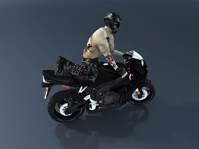 Black Sport Motorcycle With Tattooed Rider In Helmet And Camouflage Pants 3d model