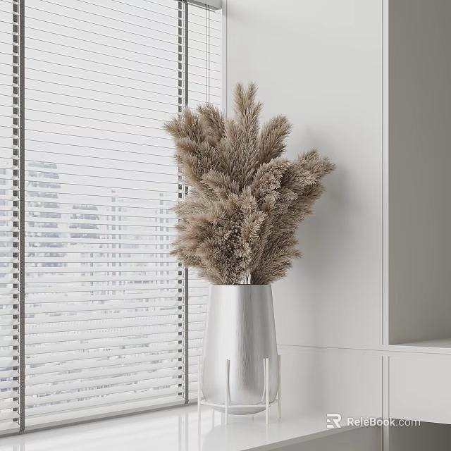 White Ceramic Vase With Dried Pampas Grass In Minimalist Interior Near Window Blinds 3d model 