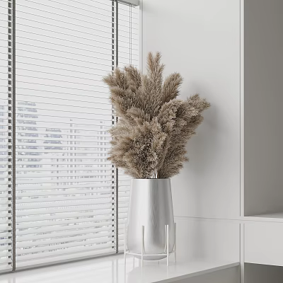 White Ceramic Vase With Dried Pampas Grass In Minimalist Interior Near Window Blinds 3d model