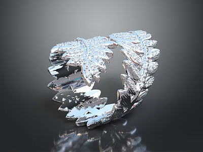 Elegant Silver Leaf Design Ring With Intricate Pattern And Sparkling Crystal Accents 3d model