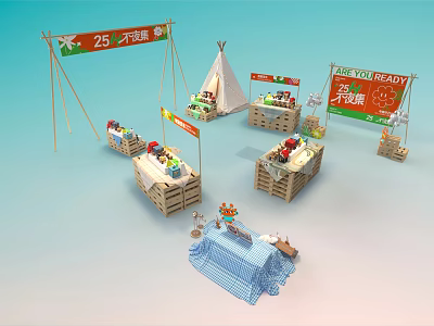 25 Degree Courtyard Beekeeping Market With Stalls Tent And Wooden Crates 3d model