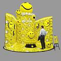 Interactive Yellow Smiley Face Themed Space With Circular Booths Installations And Patterns 3d model