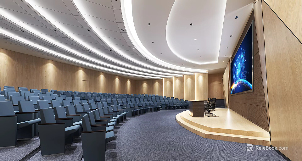 Modern Large Conference Room With Curved Ceiling Blue Seats Large Screen And Podium 3d model 