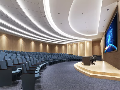 Modern Large Conference Room With Curved Ceiling Blue Seats Large Screen And Podium 3d model