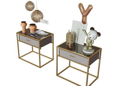 Modern Bedside Tables With Gold Metal Frame Drawer And Decorative Items Including Lamp Stuffed Toy 3d model